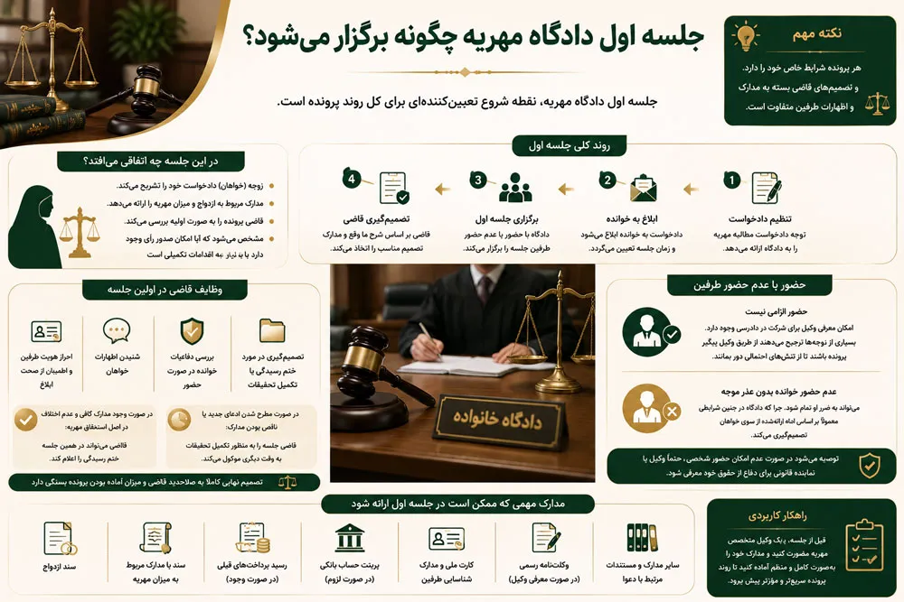جلسه اول دادگاه مهریه چگونه برگزار می‌شود